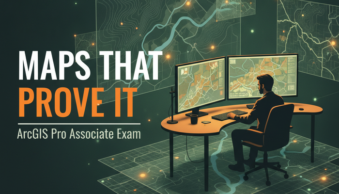 ArcGIS Pro Associate certification banner showing a GIS analyst at a workstation with layered map data and contour overlays