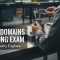 Quality engineer measuring a machined part with a caliper beside the words Seven Domains One Long Exam