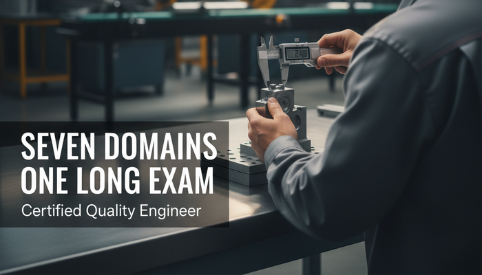 Quality engineer measuring a machined part with a caliper beside the words Seven Domains One Long Exam