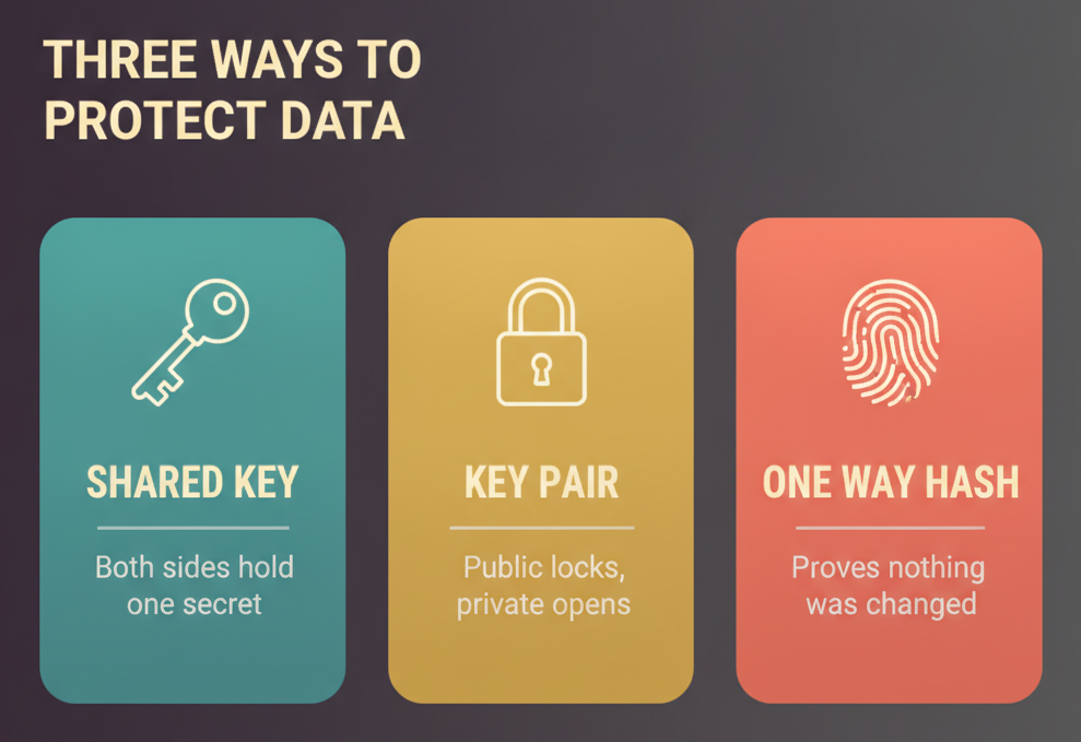 Three encryption methods tested by CIW 1D0-671: shared key symmetric, key pair asymmetric, and one way hashing