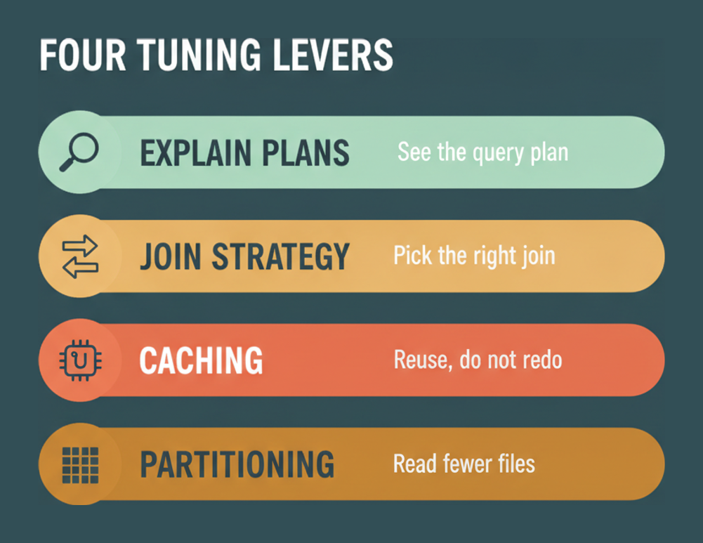 Four Spark performance tuning levers tested in CDP-3002: explain plans, join strategy, caching and partitioning