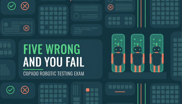Copado Robotic Testing certification banner showing automated test robots running a Salesforce regression suite
