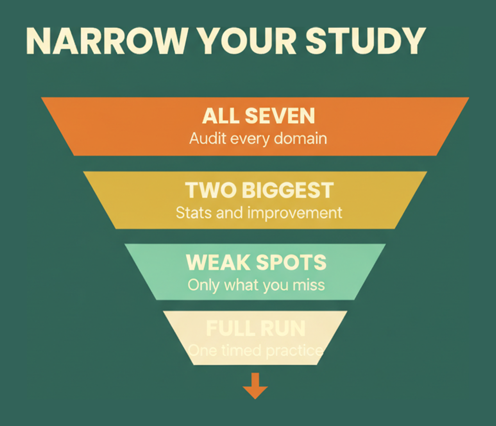 Funnel narrowing CQE study from all seven domains down to a single timed practice run