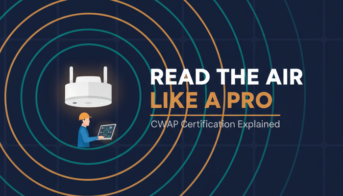 CWNP CWAP-405 certification banner showing wireless signal rings from a ceiling access point