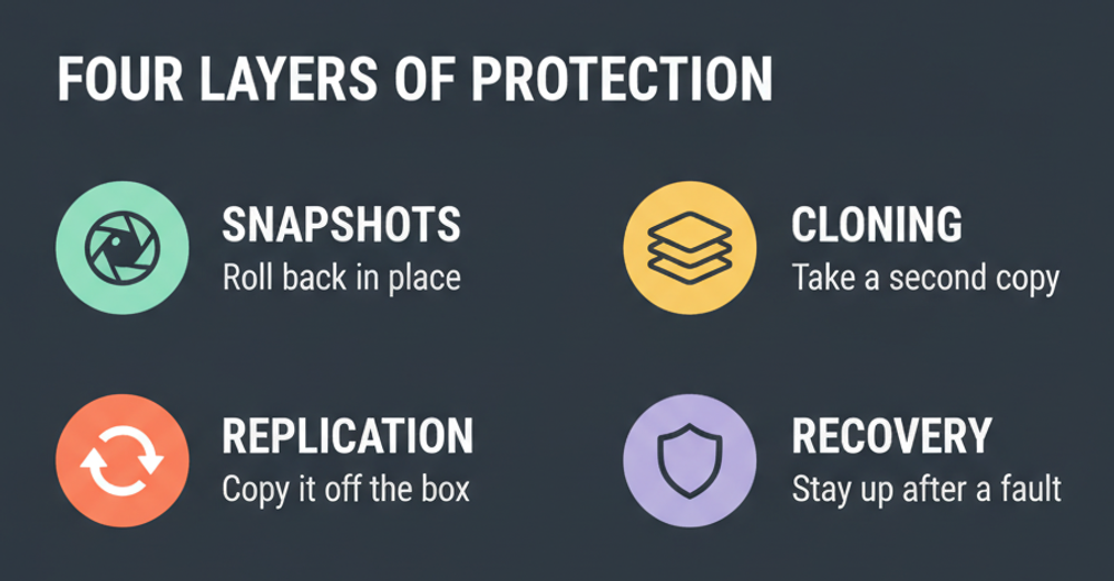 Four data protection layers on the HQT-6230 syllabus: snapshots, cloning, replication and recovery