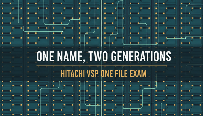 Hitachi HQT-6230 VSP One File administration exam banner showing clustered file storage nodes sharing a single namespace