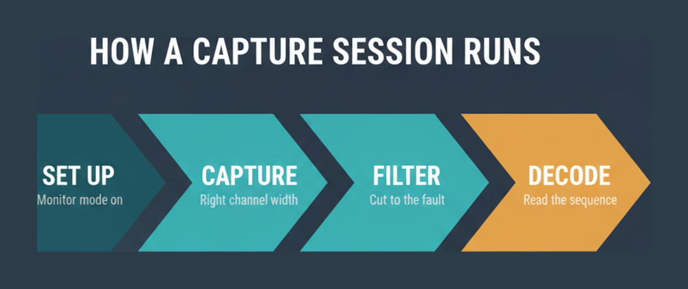 Four stage CWAP capture workflow showing set up, capture, filter and decode as a left to right pipeline