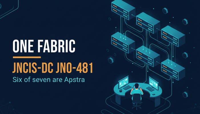 JNCIS-DC certification banner showing a spine and leaf data centre fabric managed from an intent-based automation console