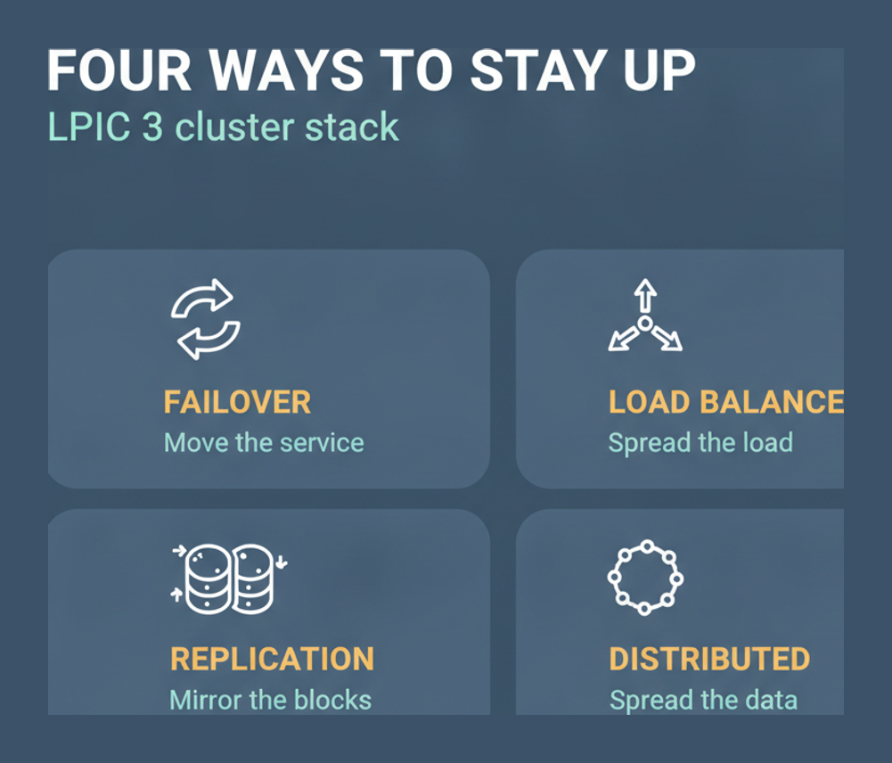 Four high availability approaches tested by LPIC-3 306-300: failover, load balancing, replication and distributed storage