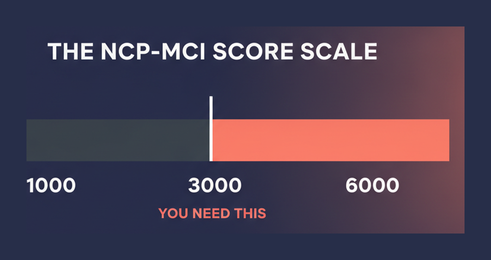 NCP-MCI scaled score bar running from 1000 to 6000 with the 3000 pass mark at the midpoint