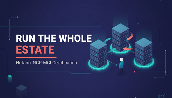 Nutanix NCP-MCI certification banner showing workloads moving across three clusters