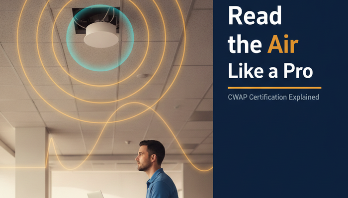 CWAP certification banner showing a network engineer beside a ceiling access point with amber radio wave rings