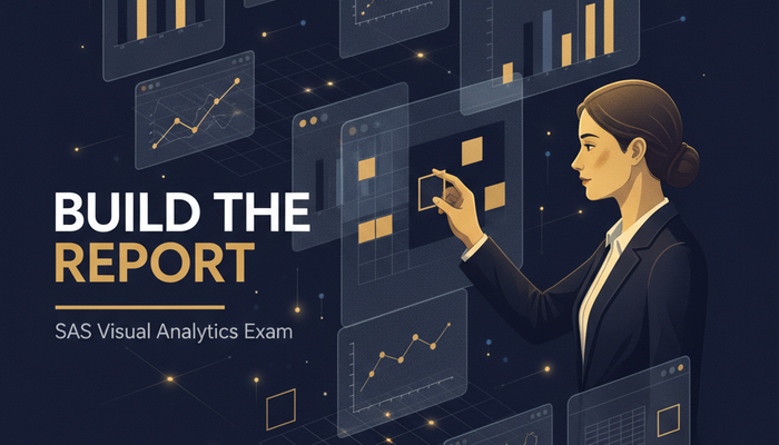SAS Visual Analytics A00-470 exam banner showing an analyst assembling a report of charts and KPI tiles on SAS Viya