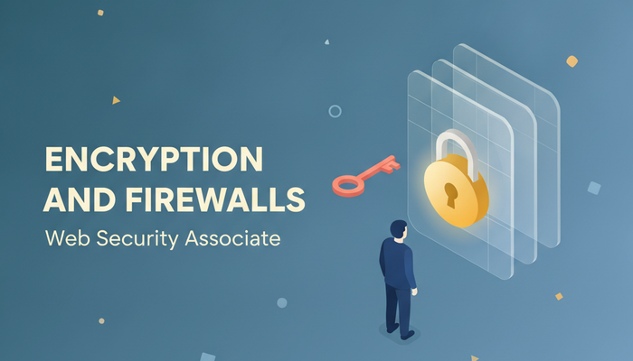 Layered security panels with a padlock and key beside the words Encryption and Firewalls