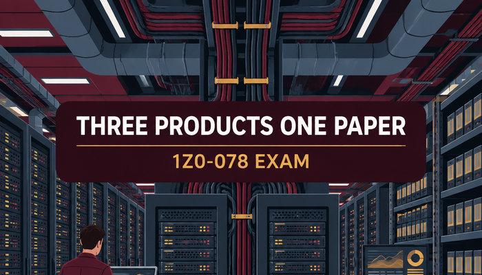 1Z0-078 exam banner showing an engineer at a laptop beside two clustered server cabinets in a database server hall