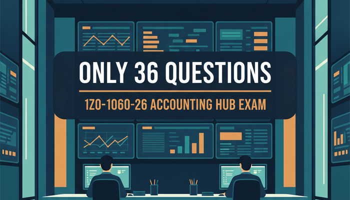 Oracle 1Z0-1060-26 Accounting Hub Cloud implementation professional certification banner showing a finance systems floor with ledger screens