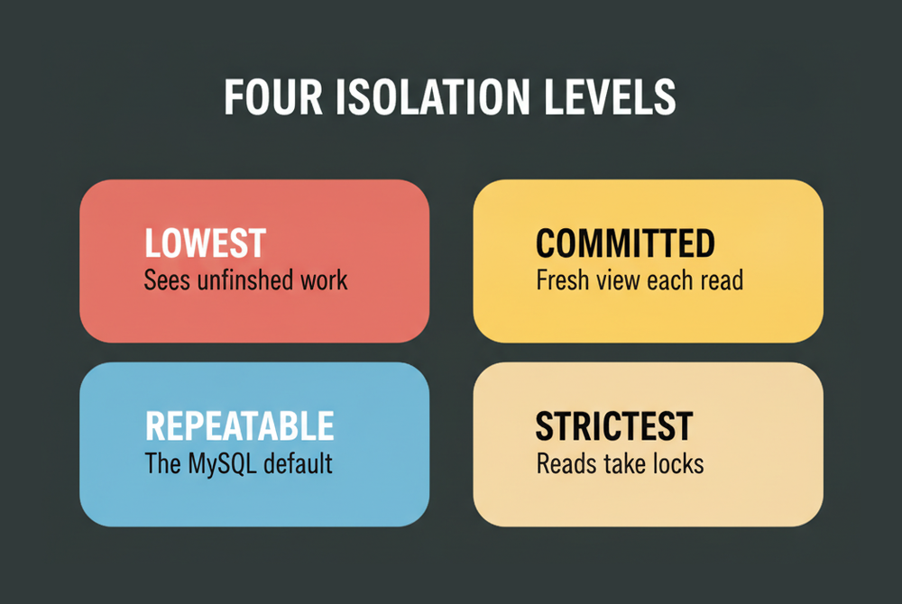 The four InnoDB transaction isolation levels tested in the 1Z0-909 transactions topic area, from the lowest to the strictest