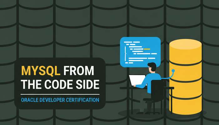 Oracle MySQL developer certification 1Z0-909 banner showing a developer coding against a MySQL database drum