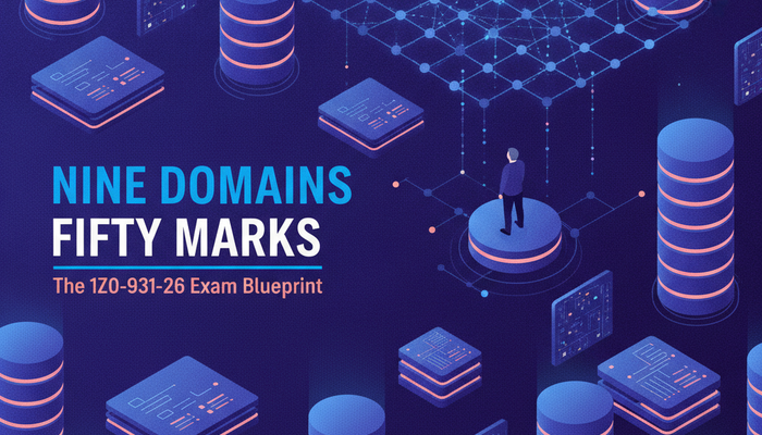 Banner for the 1Z0-931-26 exam showing an isometric Oracle Autonomous AI Database platform with storage stacks and a retrieval node lattice