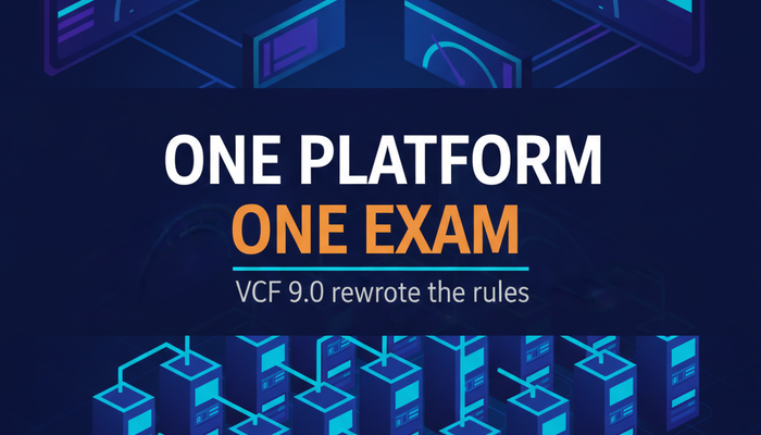 VMware 2V0-17.25 VCF 9.0 Administrator exam banner showing a private cloud operations console above racked infrastructure