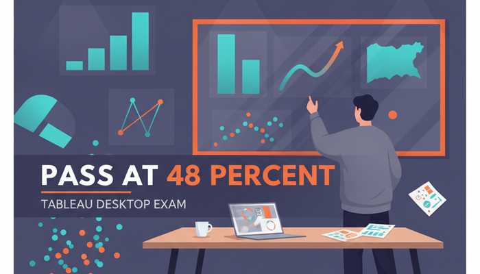 Salesforce Tableau Desktop Foundations Analytics-101 exam banner showing an analyst building bar, line and map visualisations on a dashboard wall