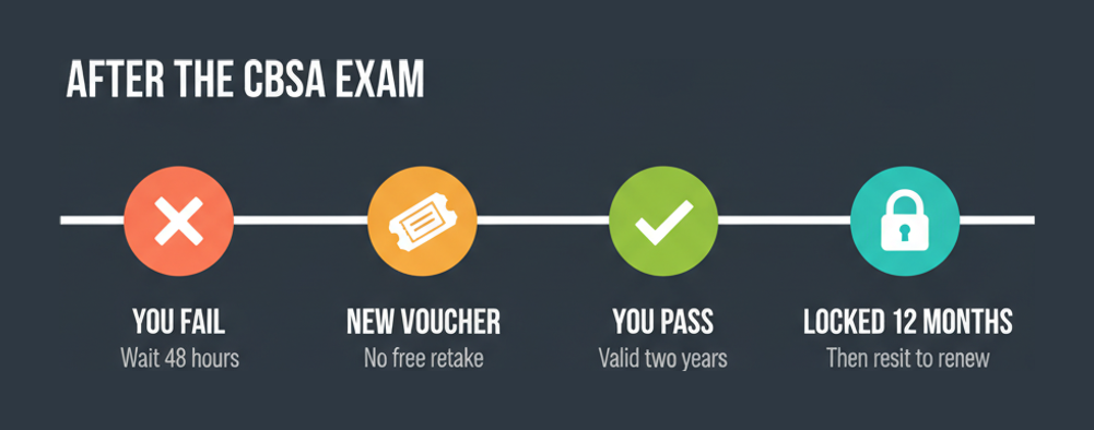 What happens after the CBSA exam: fail and wait 48 hours, buy a new voucher, pass for two years, locked for 12 months before resitting
