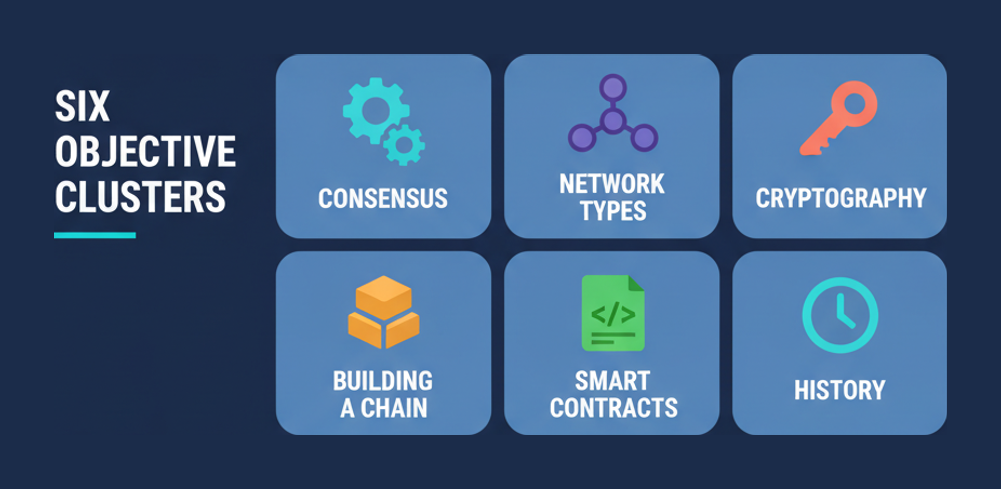 The six CBSA objective clusters: consensus, network types, cryptography, building a chain, smart contracts and history