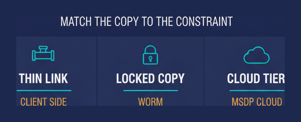 COH284 deduplication and storage choices matched to constraints: client side for a thin link, WORM for locked copies, MSDP cloud for a cloud tier