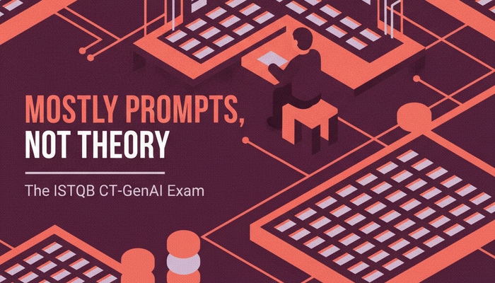 Testing with generative AI certification banner for the ISTQB CT-GenAI exam showing an isometric test case workbench and prompt bubble towers