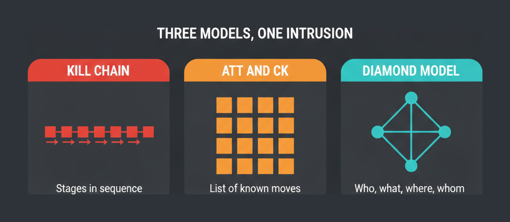 The three attack models named in CTIA syllabus area two: the Kill Chain as stages, ATT and CK as a matrix of techniques, and the Diamond Model
