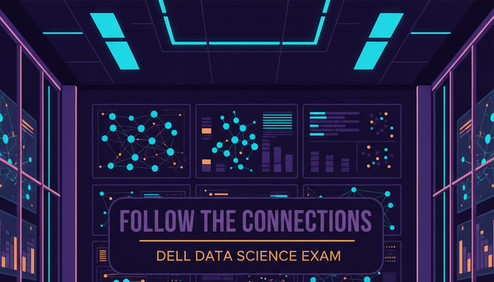 Dell D-AA-OP-23 Data Science Optimize certification banner showing an analytics workspace with network graph and text processing screens