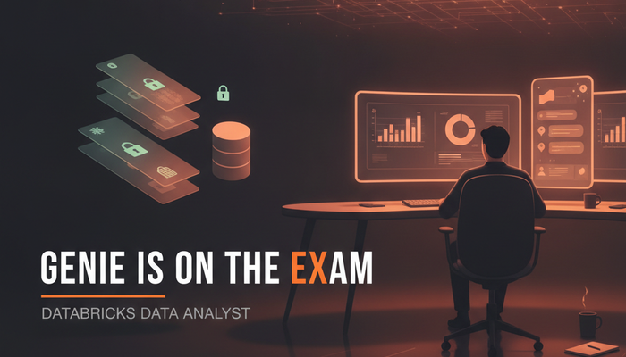 Databricks Certified Data Analyst Associate exam banner showing an analyst curating datasets and an AI answering panel beside SQL dashboards