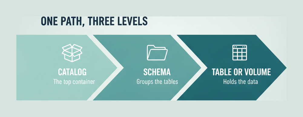 Chevron flow showing the Unity Catalog three level namespace from catalog to schema to table or volume