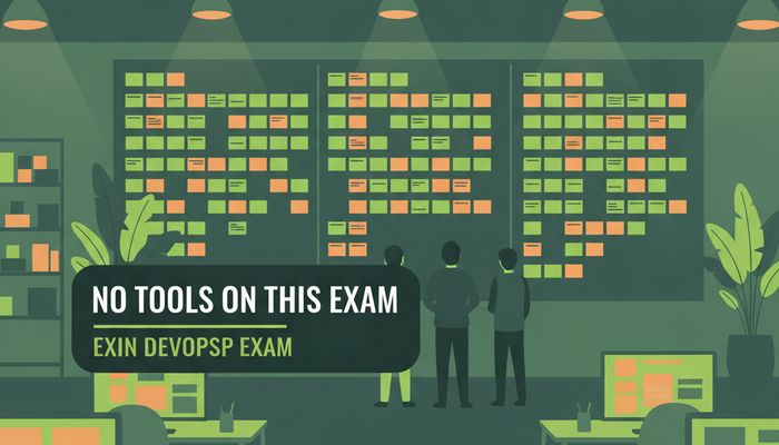 EXIN DevOps Professional DEVOPSP certification banner showing a delivery team at a flow board in an open office