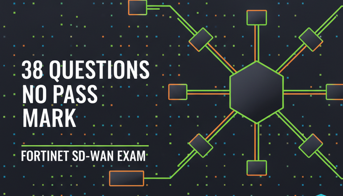 Fortinet FCSS SD-WAN Architect exam banner showing 38 questions and no published pass mark across a hub and spoke overlay