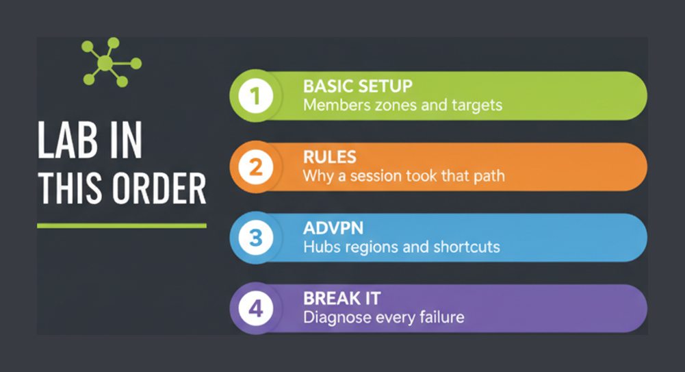 FCSS SD-WAN Architect lab order in four steps: basic setup, rules, ADVPN hubs and regions, then break it and diagnose