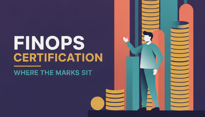 FinOps certification banner showing an analyst beside stacked coin towers representing cloud spend
