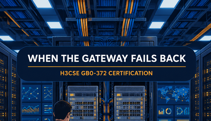 H3CSE-RS+ certification banner showing an engineer checking two redundant gateway routers in a campus network core room at night