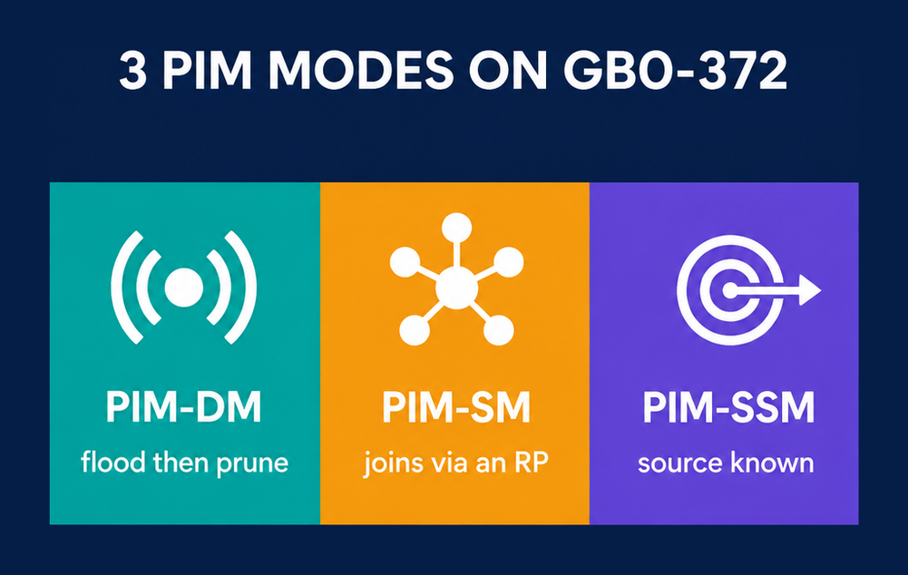 The three PIM modes on GB0-372: PIM-DM floods then prunes, PIM-SM joins via an RP and PIM-SSM needs a known source
