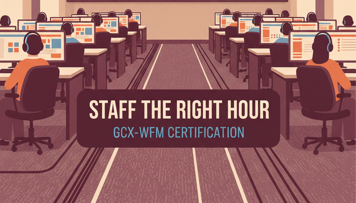 GCX-WFM Genesys workforce management certification banner showing a contact centre floor with a wall-sized roster board