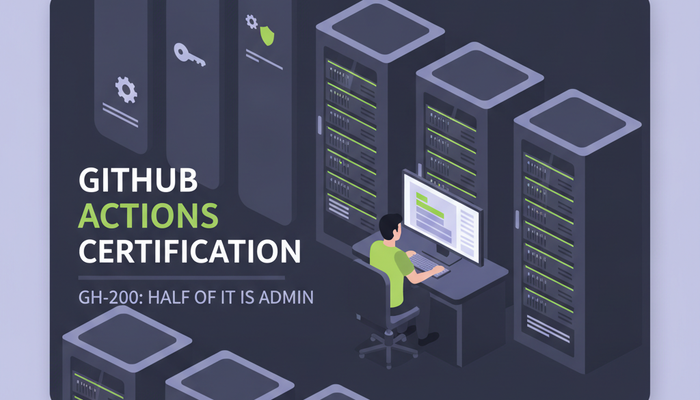 GitHub Actions GH-200 certification banner showing an engineer administering a row of build server racks