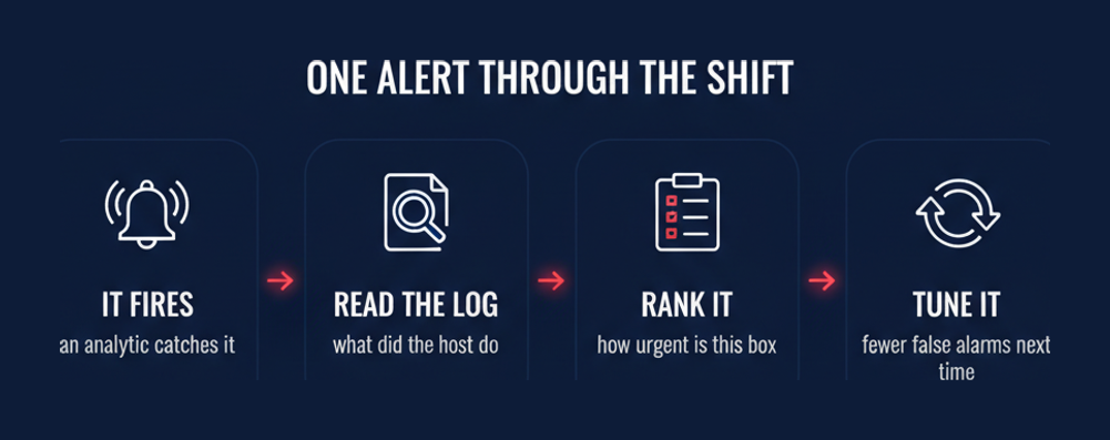 One alert followed through a GSOC shift: an analytic fires, the analyst reads the log, ranks the urgency, and tunes the detection to cut false alarms