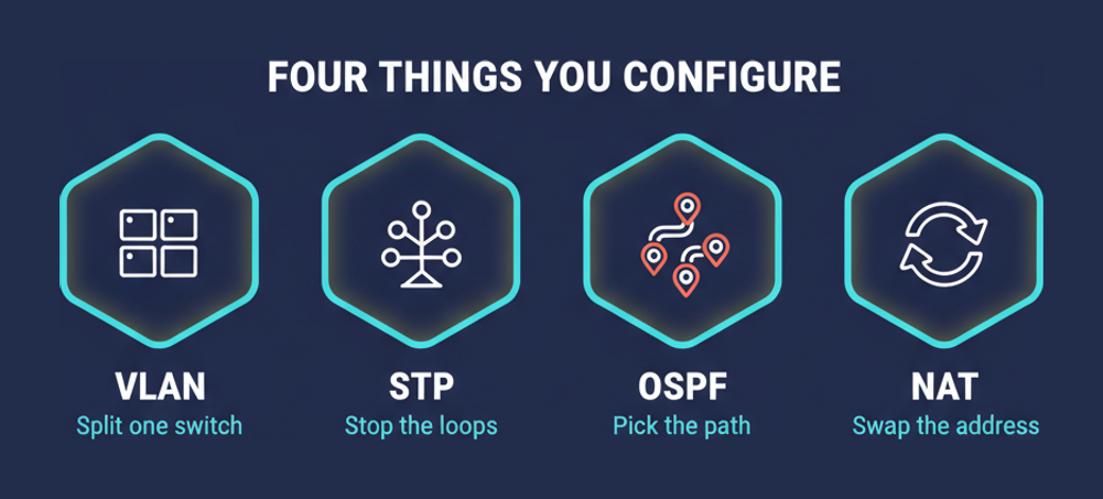 Four configuration skills named in the H12-811 blueprint: VLAN, STP, OSPF and NAT