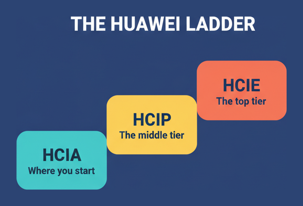 The Huawei certification ladder from HCIA associate through HCIP professional to HCIE expert