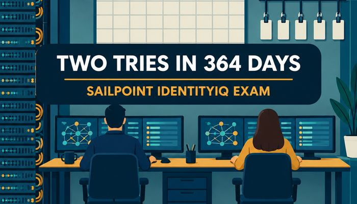 SailPoint IdentityIQ certification banner showing an identity team in an operations room with a wall calendar and access badges