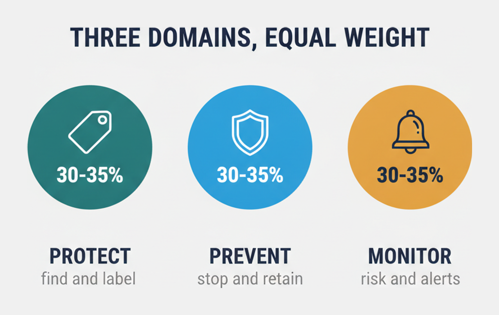 The three SC-401 domains weighted 30 to 35 percent each: protect, prevent and monitor