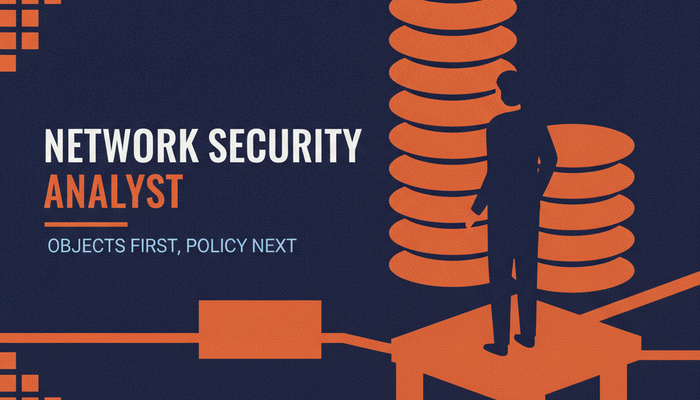 Network security analyst certification banner showing an analyst beside a stack of firewall policy layers