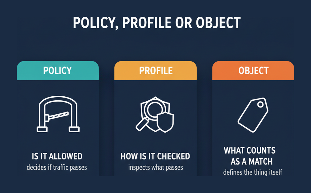 A policy decides if traffic passes, a profile inspects what passes and an object defines what counts as a match