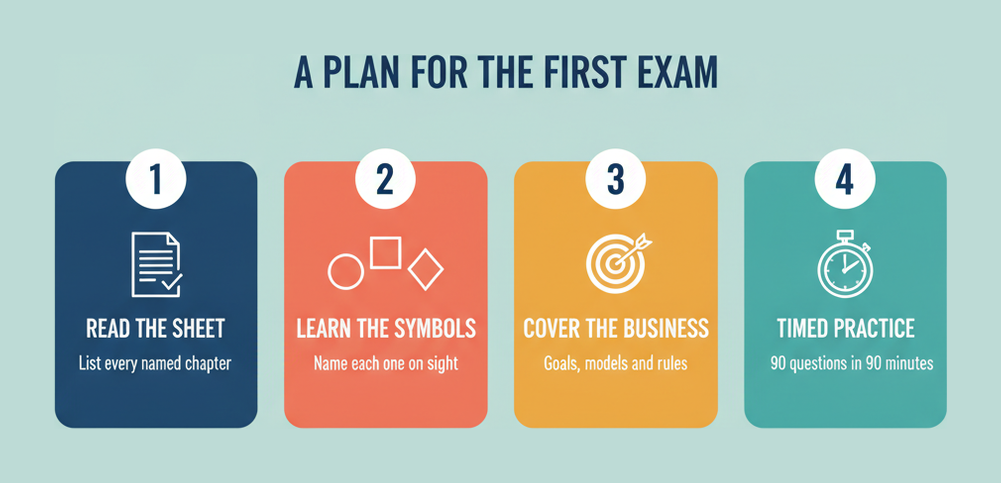 Four step OCEB 2 Fundamental study plan: read the info sheet, learn the BPMN symbols, cover the business topics, then timed practice of 90 questions in 90 minutes