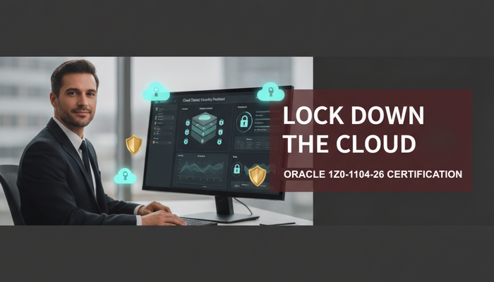 Cloud security architect at a cloud security posture dashboard with locked identity, network and data layers, preparing for the Oracle 1Z0-1104-26 OCI Security Professional certification